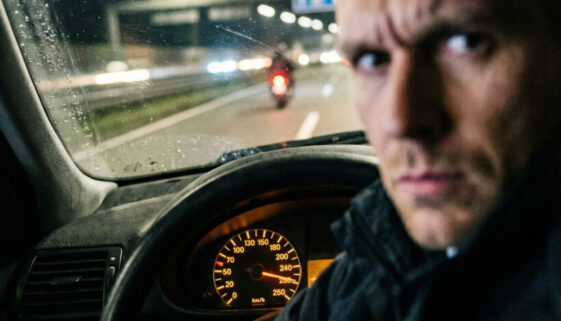 Nahaufnahme: Der beleuchtete Tachometer eines zivilen Streifenwagens zeigt im Höchstbereich eine extreme Geschwindigkeit bei Nacht an.