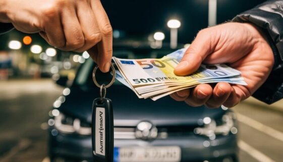 Auf einem dunklen Parkplatz werden ein Autoschlüssel mit Mietanhänger und ein Bündel Geldscheine getauscht.