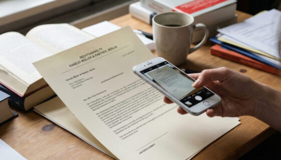 Nahaufnahme: Ein Smartphone wird über ein Anwaltsdokument mit leerem Unterschriftsfeld gehalten.