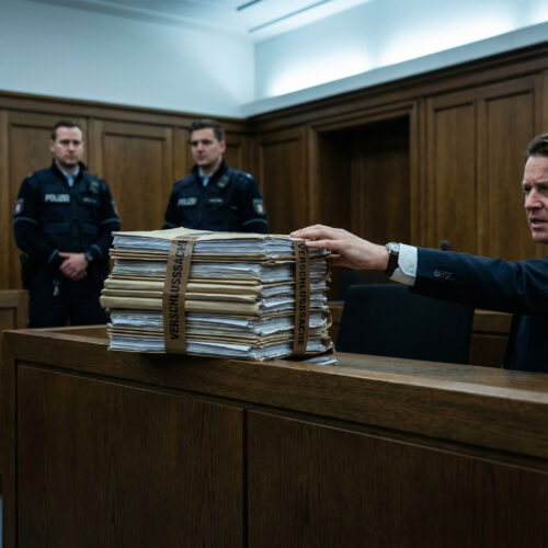 Gestreckte Anwaltshand greift über einen dunklen Tisch nach einem massiven Stapel versiegelter Ermittlungsakten.