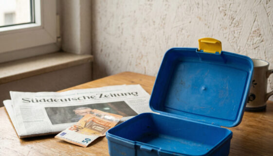 Ein Bündel Geldscheine unter einer Zeitung neben einer leeren, abgenutzten Kinder-Brotdose auf einem Küchentisch.