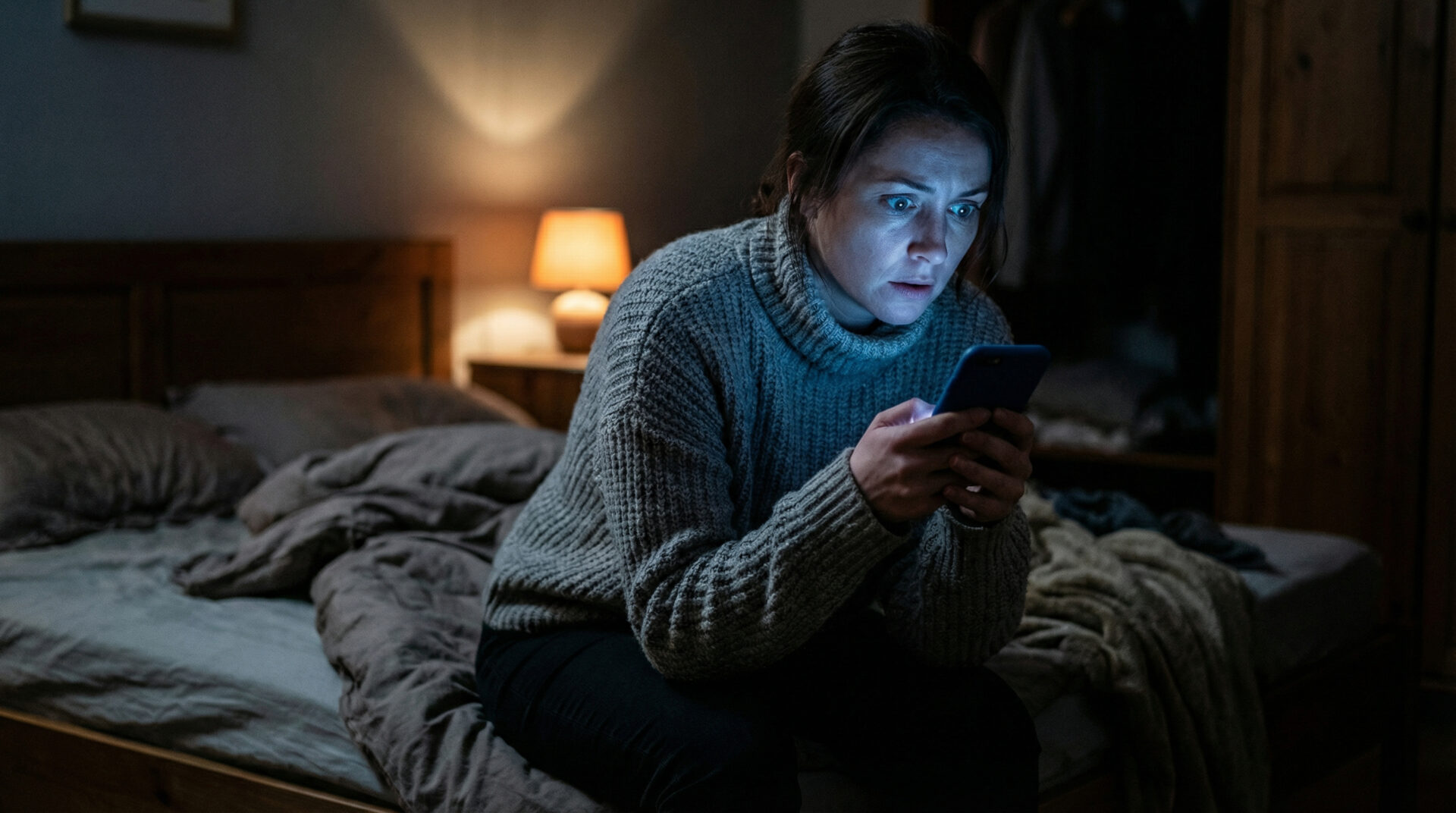 Eine Frau sitzt nachts auf der Bettkante und blickt schockiert auf ihr hell leuchtendes Smartphone, das ihr Gesicht in kaltes Licht taucht