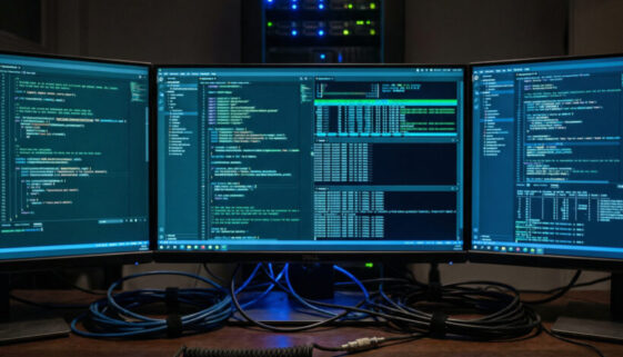 Kühl leuchtende Monitore mit komplexen Datenstrukturen und Software-Code an einem abgedunkelten IT-Arbeitsplatz.