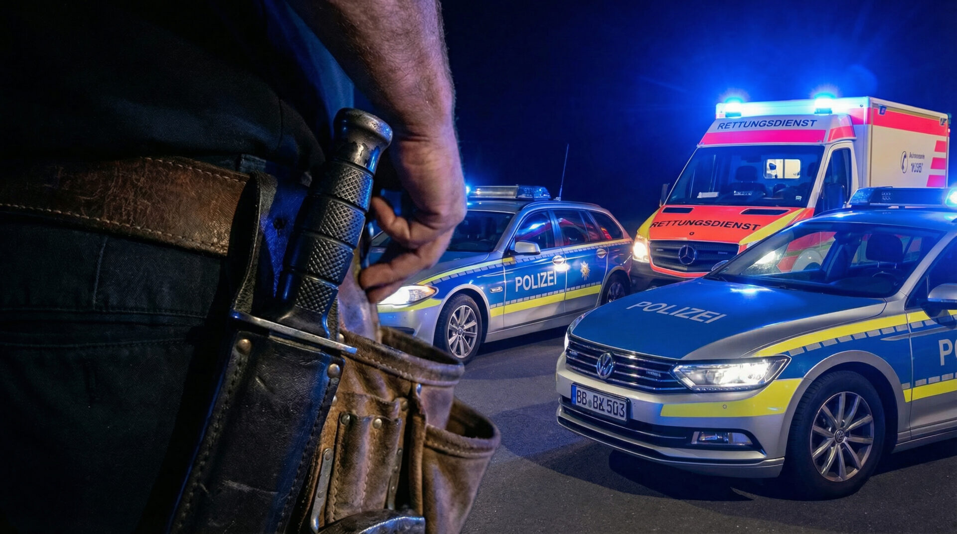 Nahaufnahme eines Teppichmessers am Gürtel einer Person, im Hintergrund unscharfes Blaulicht.