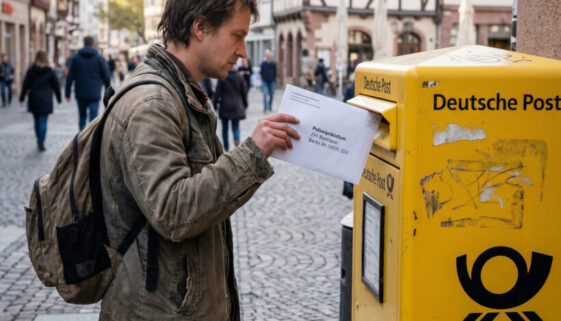 Hand schiebt einen an das Polizeipräsidium adressierten Briefumschlag entschlossen in einen gelben Briefkasten.