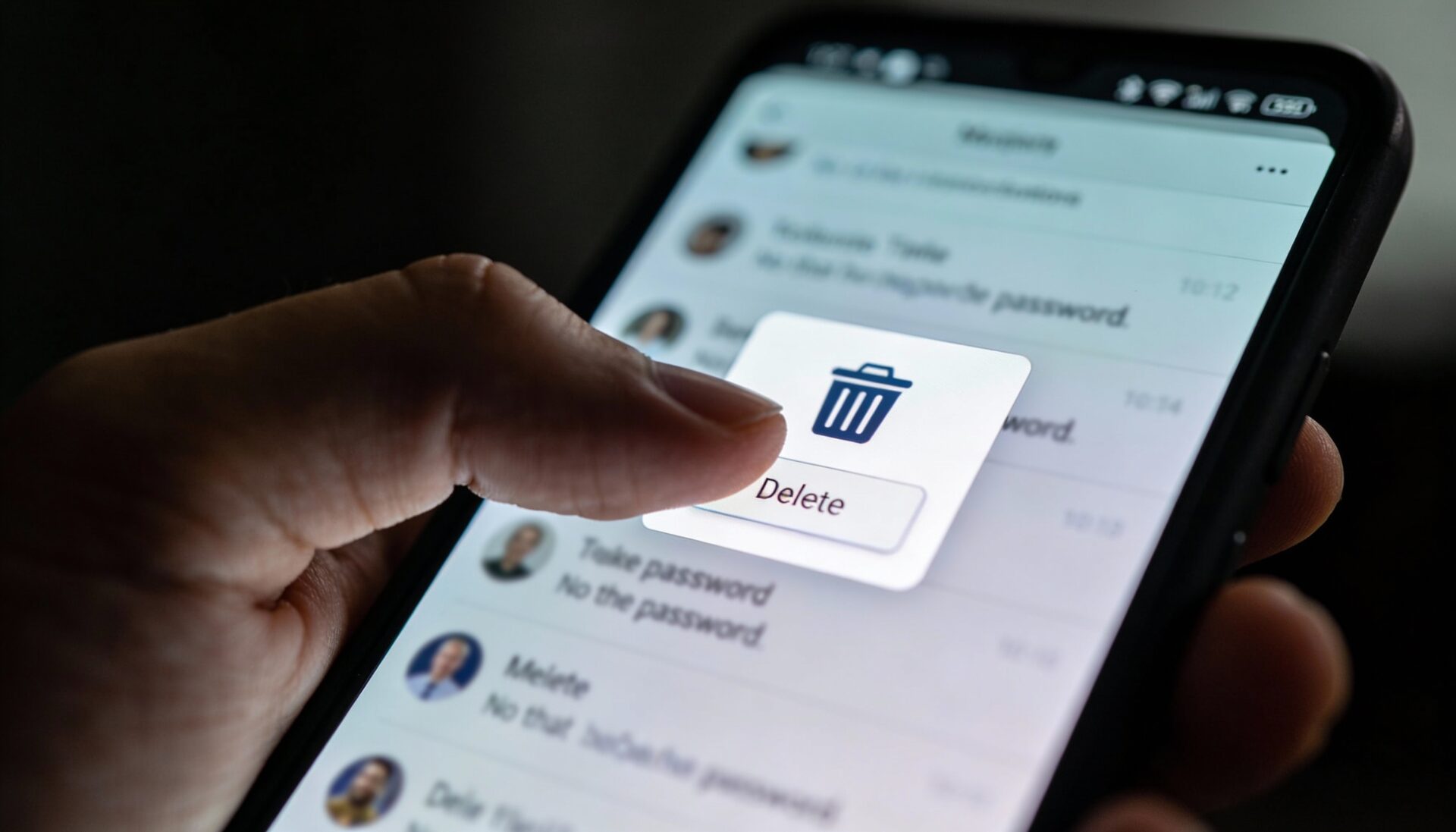 Nahaufnahme eines Fingers, der auf einem Smartphone-Display einen Social-Media-Beitrag löscht.