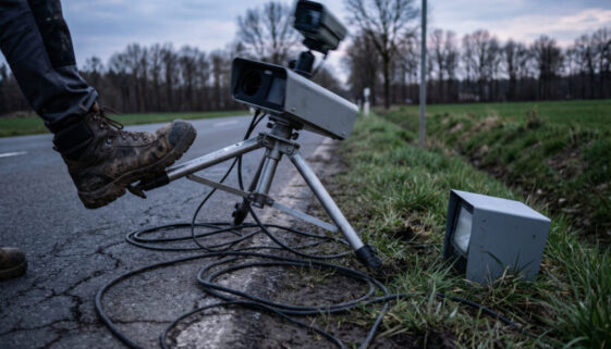 Ein Mann versetzt dem Metallstativ einer mobilen Blitzanlage an einer Landstraße einen heftigen Tritt.