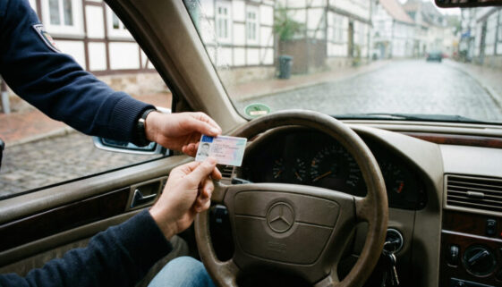 Ein Fahrer am Lenkrad hält zögerlich seinen EU-Führerschein, während eine polizeiliche Hand bestimmt danach greift.