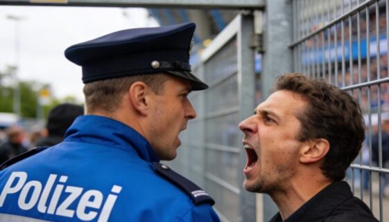 Aggressiver Fußballfan schreit einem Polizisten mit vor Wut verzerrter Mimik direkt ins Gesicht.