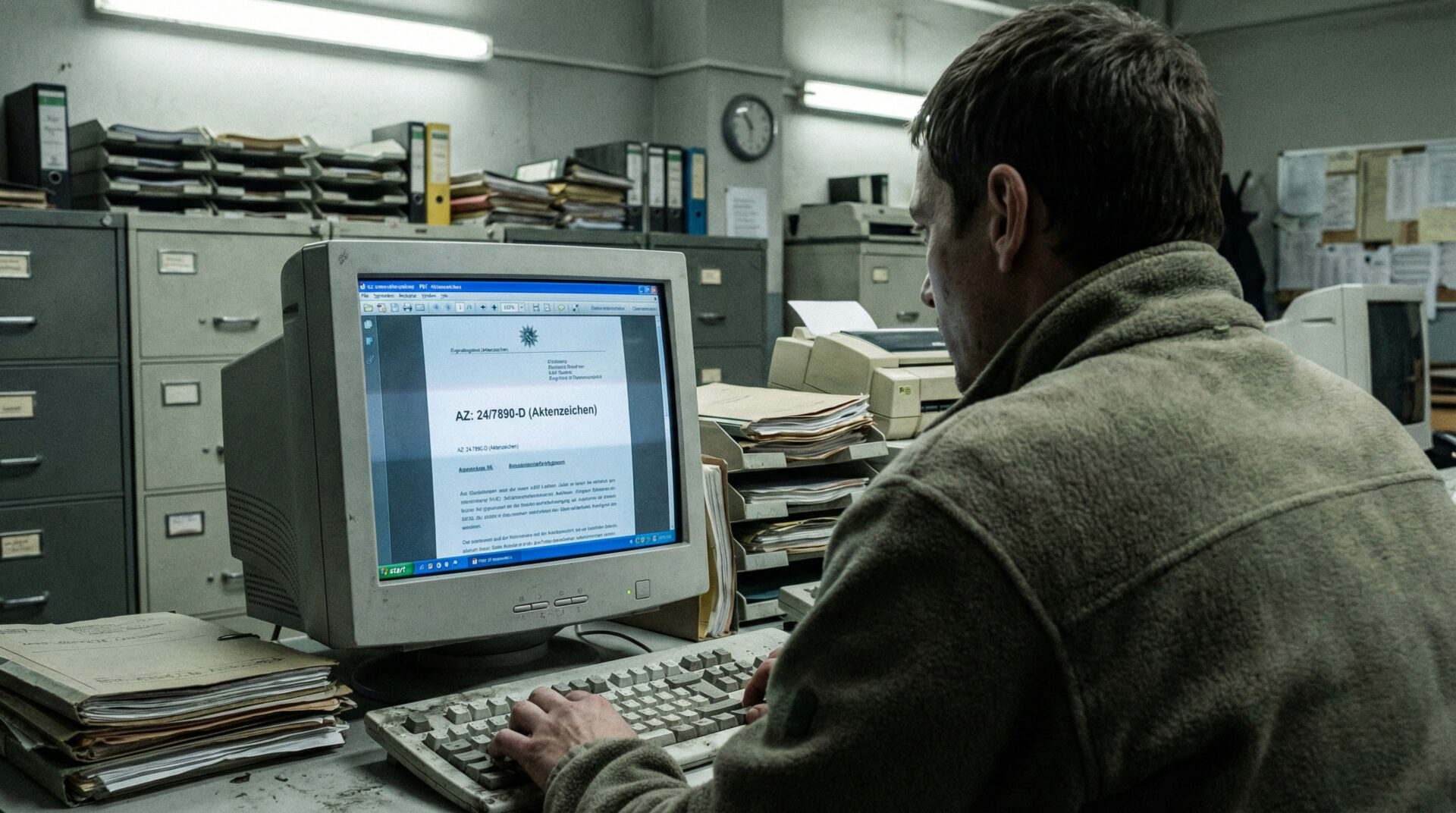 Einsicht in eine digitale Akte am Computerbildschirm einer Polizeidienststelle