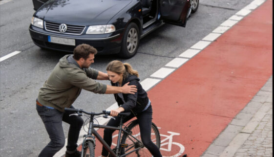 Ein Autofahrer schubst eine Radfahrerin aggressiv von ihrem Fahrrad, sodass sie auf der Fahrradstraße zu stürzen droht.