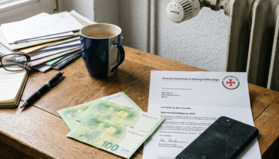 Unberührte 100-Euro-Scheine liegen neben einem offiziellen Brief der Seenotretter auf einem verstaubten Schreibtisch.