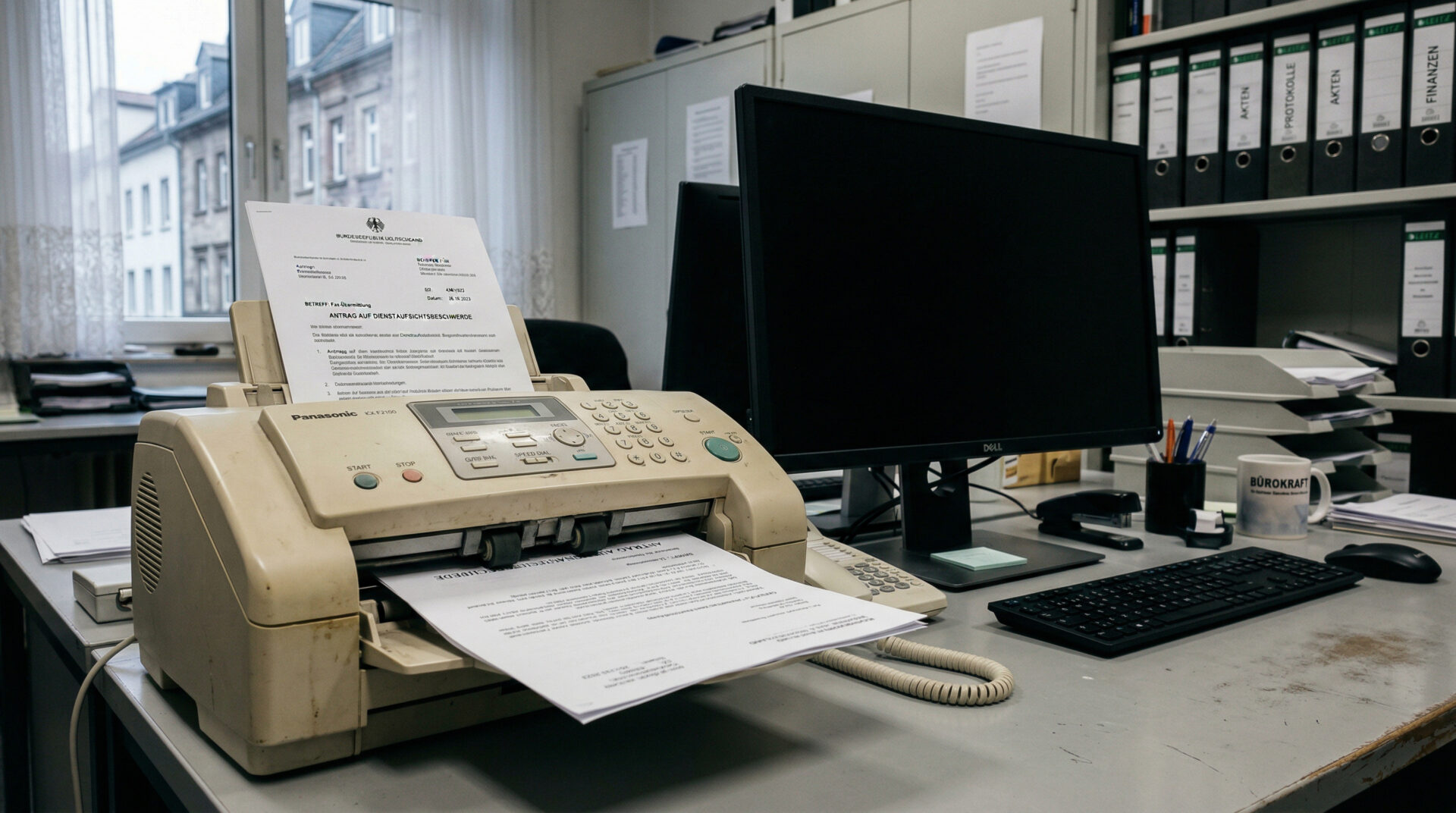 Altes Faxgerät auf einem Büroschreibtisch zieht ein Papier ein; daneben steht ein ausgeschalteter Computerbildschirm.