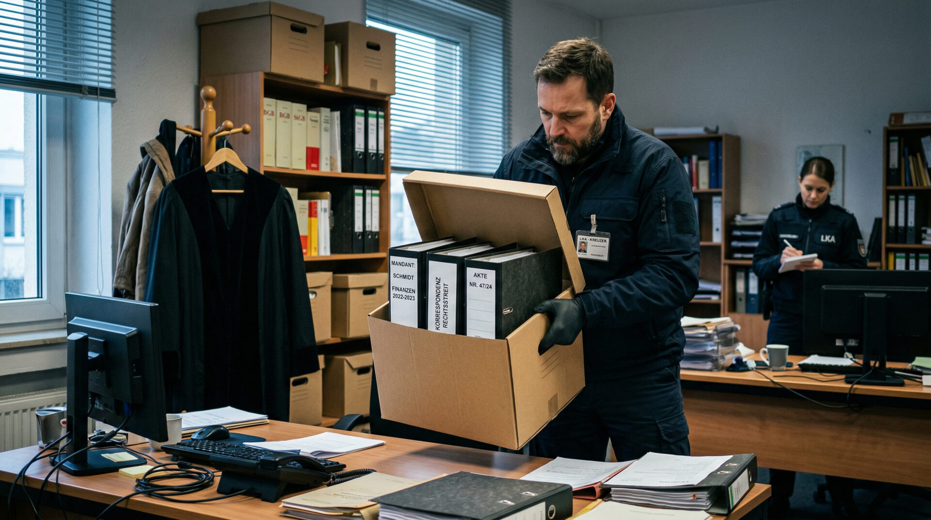 Ermittler heben invasiv Aktenordner von einem Schreibtisch, im Hintergrund hängt eine schwarze Anwaltsrobe.