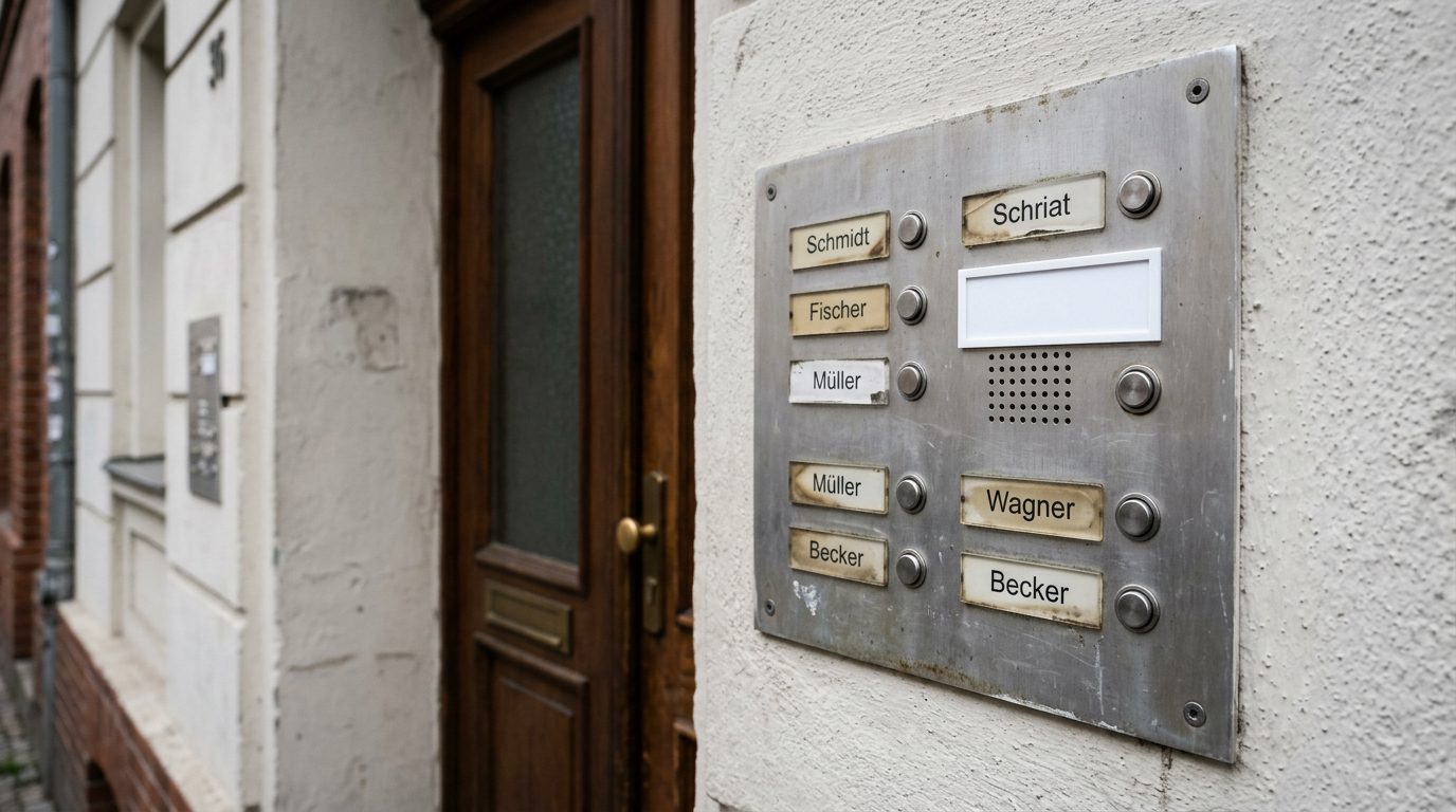 Nahaufnahme eines Klingeltableaus an einem Wohnhaus mit einem leeren, weißen Namensschild ohne Beschriftung.