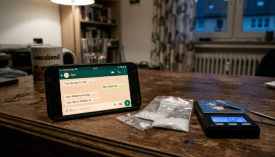 Smartphone mit Chatnachrichten neben Drogenbeutelchen und einer Feinwaage auf einem dunklen Holztisch.
