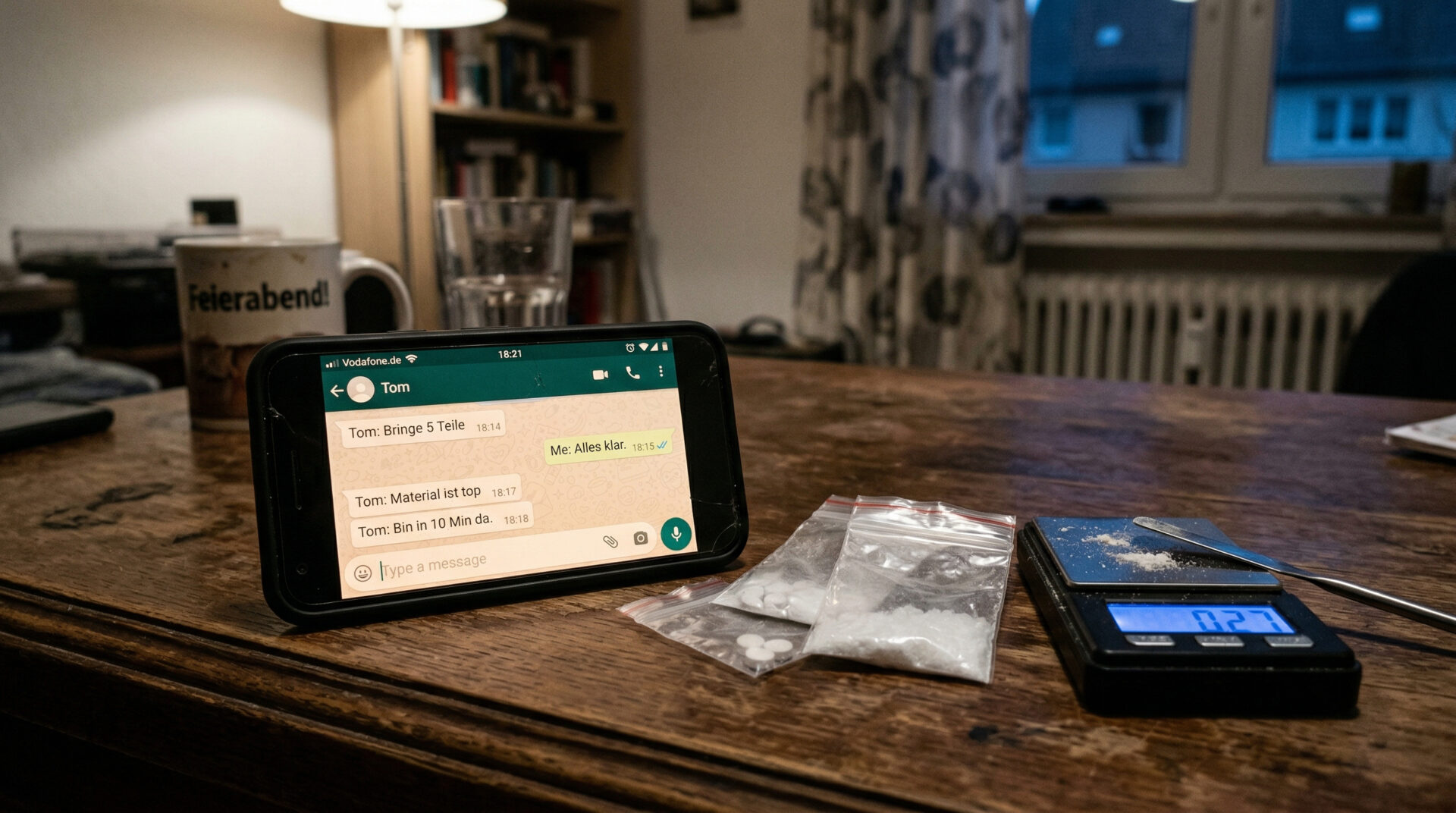 Smartphone mit Chatnachrichten neben Drogenbeutelchen und einer Feinwaage auf einem dunklen Holztisch.