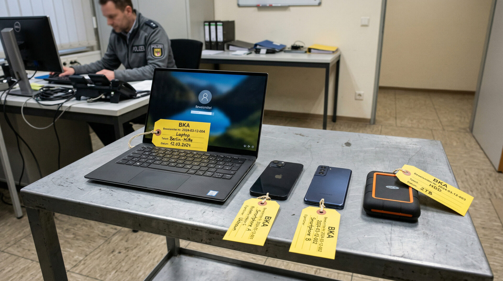 Laptop, Smartphones und eine Festplatte mit gelben Beweismittel-Anhängern auf einem neutralen Metalltisch.
