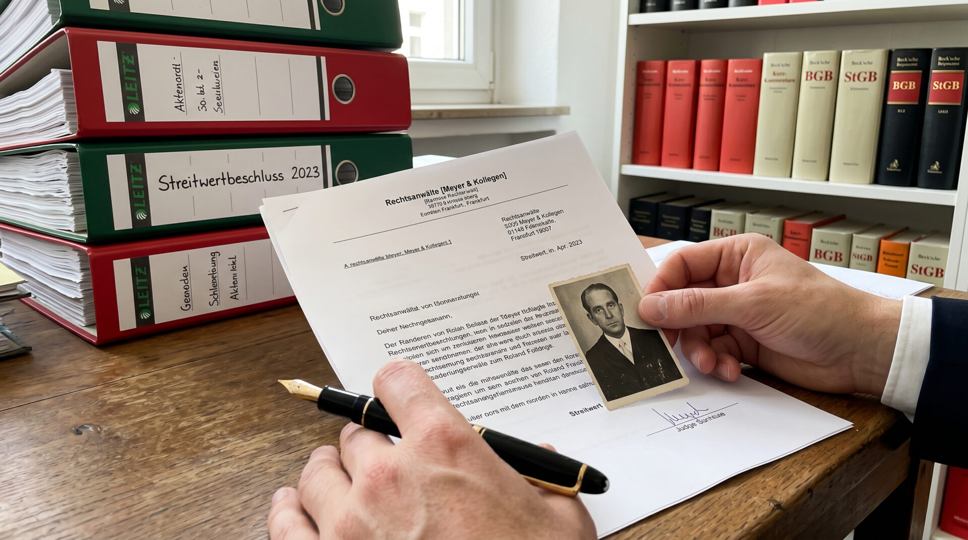Schriftsatz auf einem Schreibtisch mit einem Porträt von Roland Freisler neben einem Richternamen und Aktenstapeln.