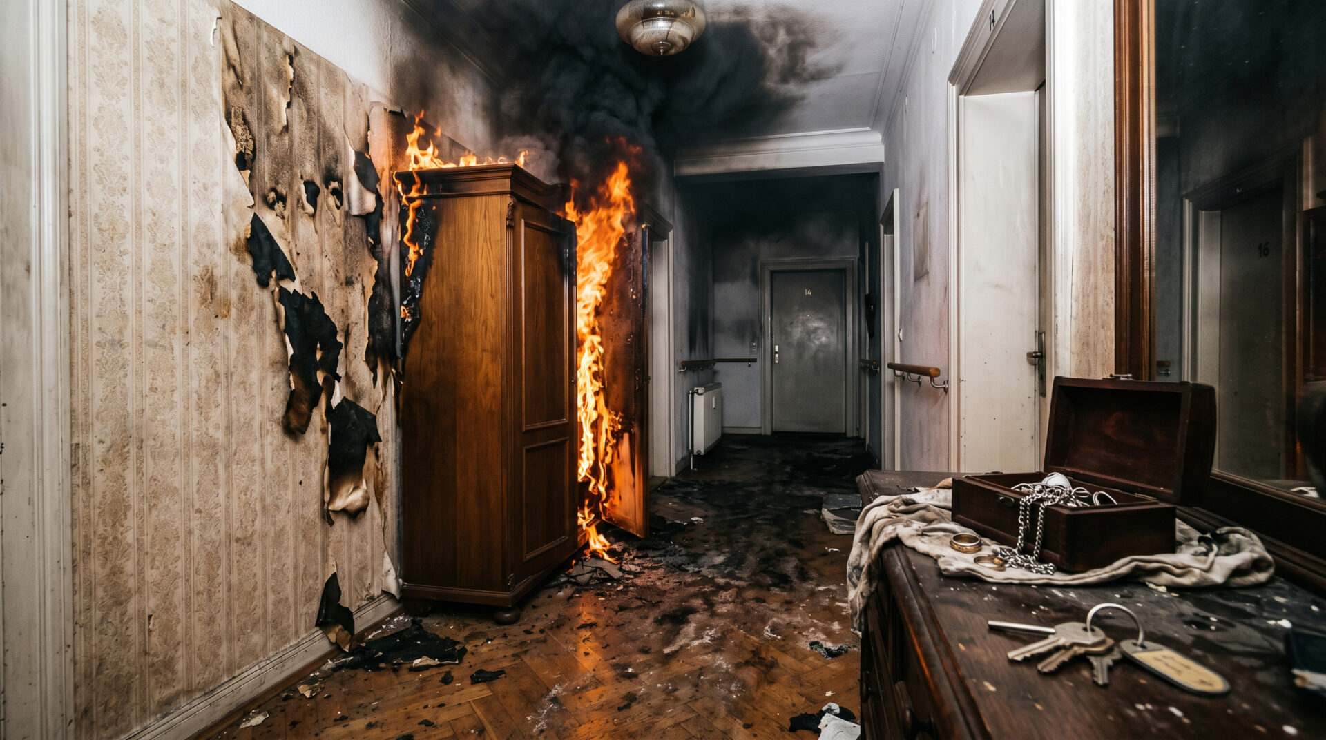 Brennender Einbauschrank im Flur einer Wohnung, Ruß an der Decke, ein Schlüsselbund liegt auf einer Kommode im Vordergrund.