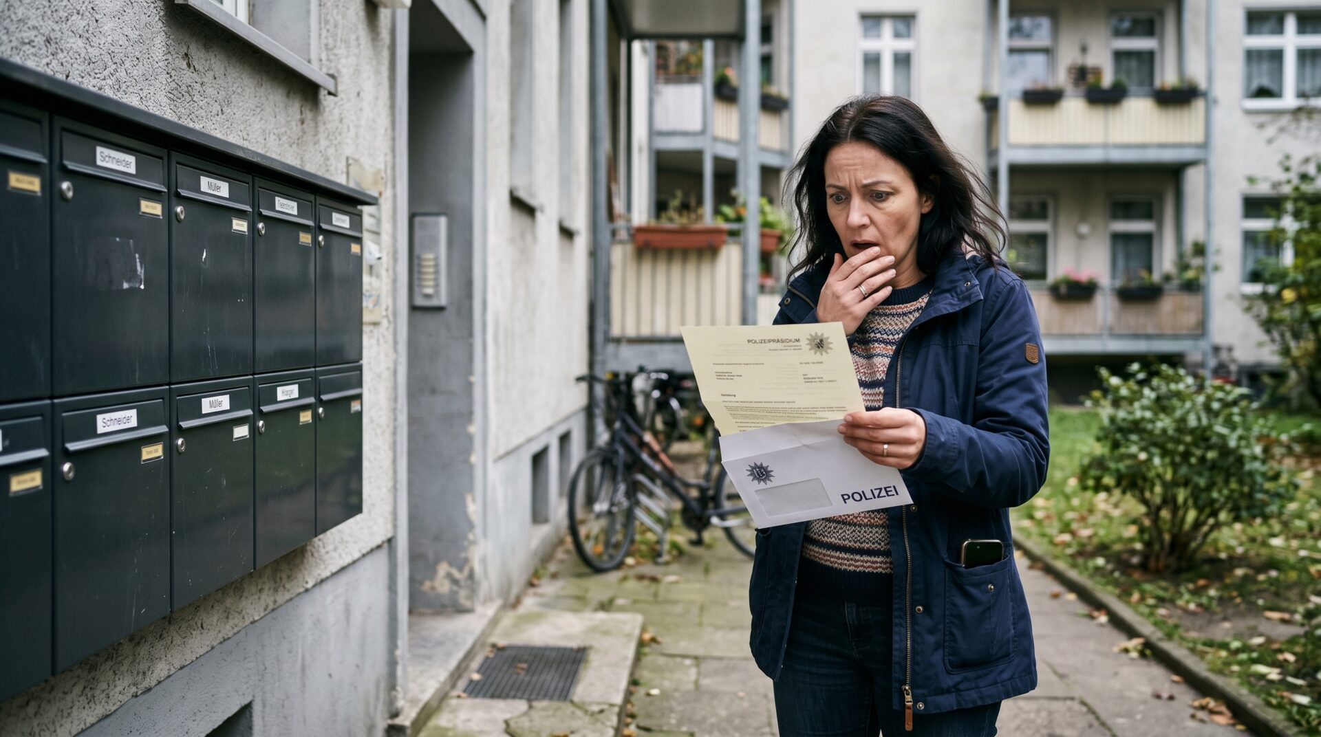 Frau öffnet erschrocken einen Brief der Polizei vor einem Briefkasten an einem Wohnhaus.