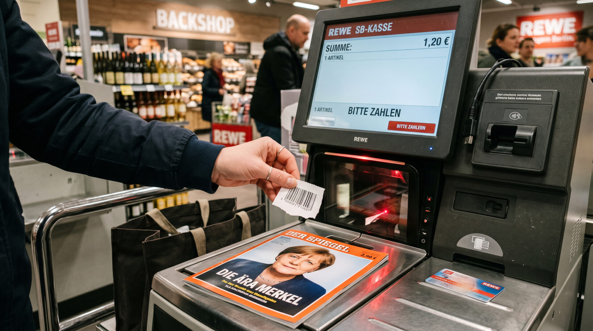 Hand an einer SB-Kasse scannt einen Zeitungsschnipsel vor einem teuren Magazin; das Display zeigt 1,20 Euro an.