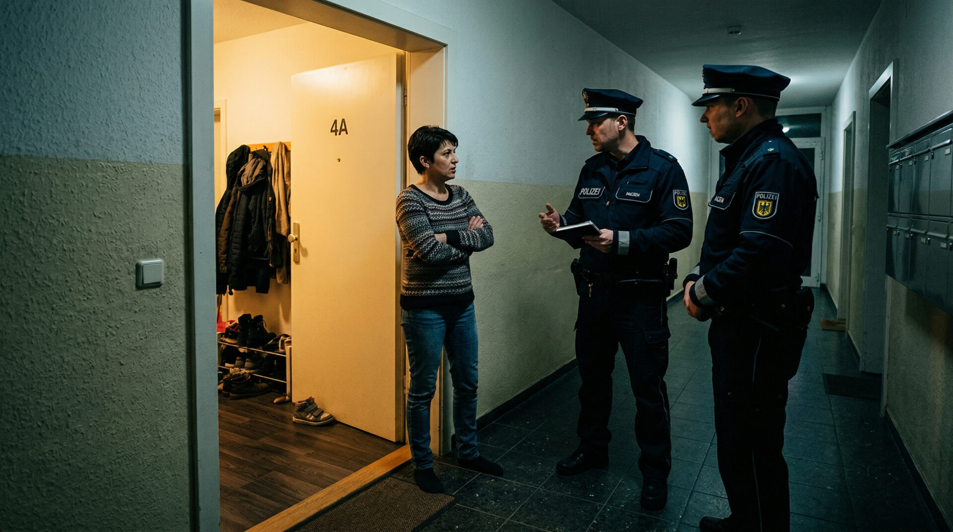 Uniformierte Beamte an einer Wohnungstür bei Nacht; eine Frau versperrt den Weg, im Flur liegt ein Kinderschuh.