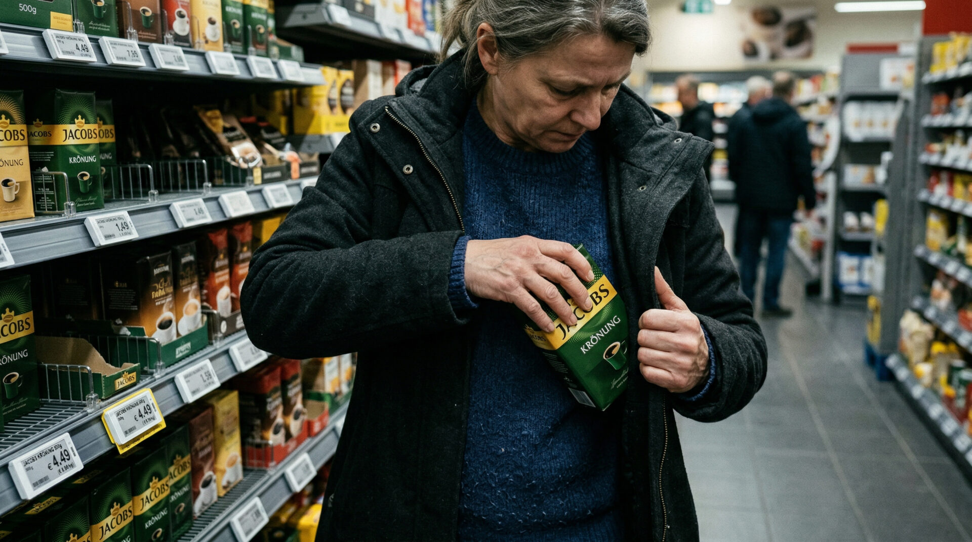 Zittrige Hand einer Frau steckt Kaffee in eine abgewetzte Jackentasche vor einem Supermarktregal.