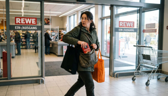 Frau am Supermarktausgang schiebt hastig unbezahlte Ware in ihre Tasche und blickt sich nervös um.