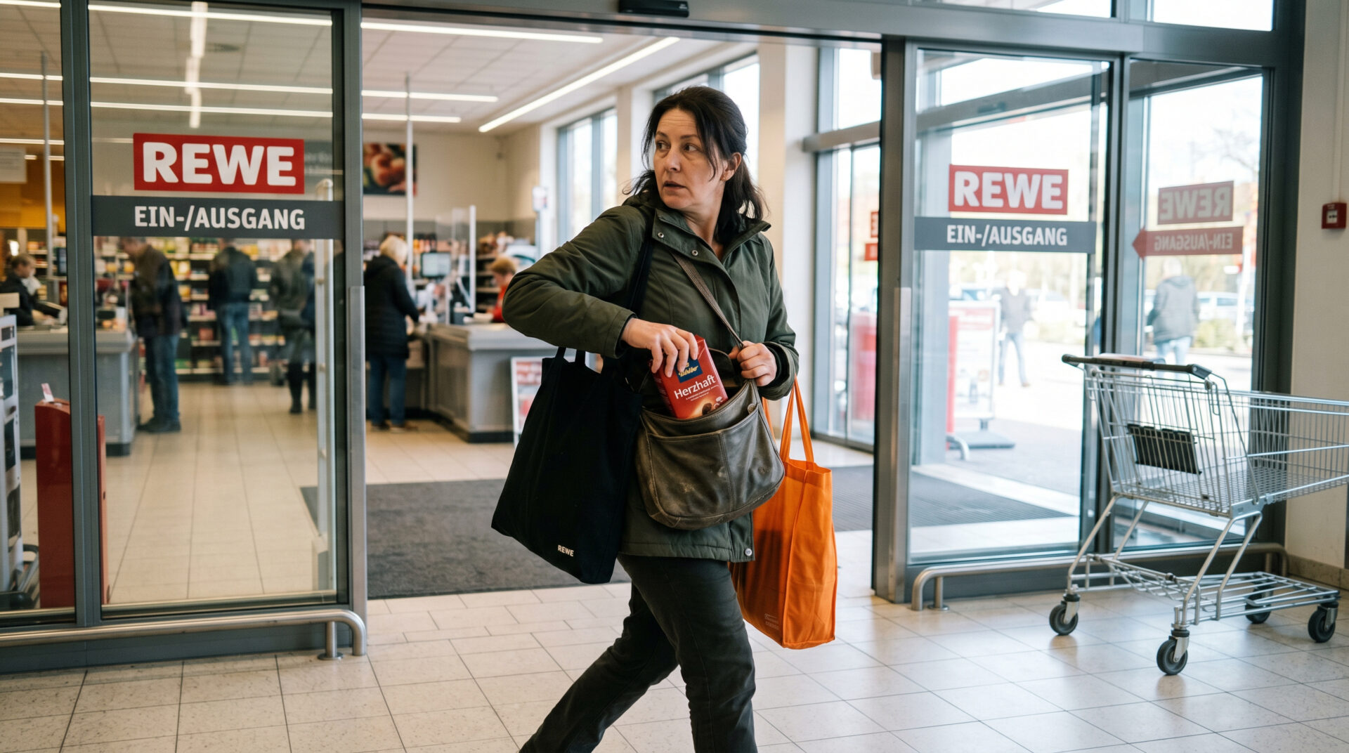 Frau am Supermarktausgang schiebt hastig unbezahlte Ware in ihre Tasche und blickt sich nervös um.