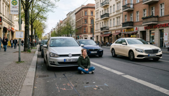 Frau sitzt auf Straße vor wartendem Auto; zweites Auto dahinter, daneben fährt ein Pkw auf freier Spur vorbei.