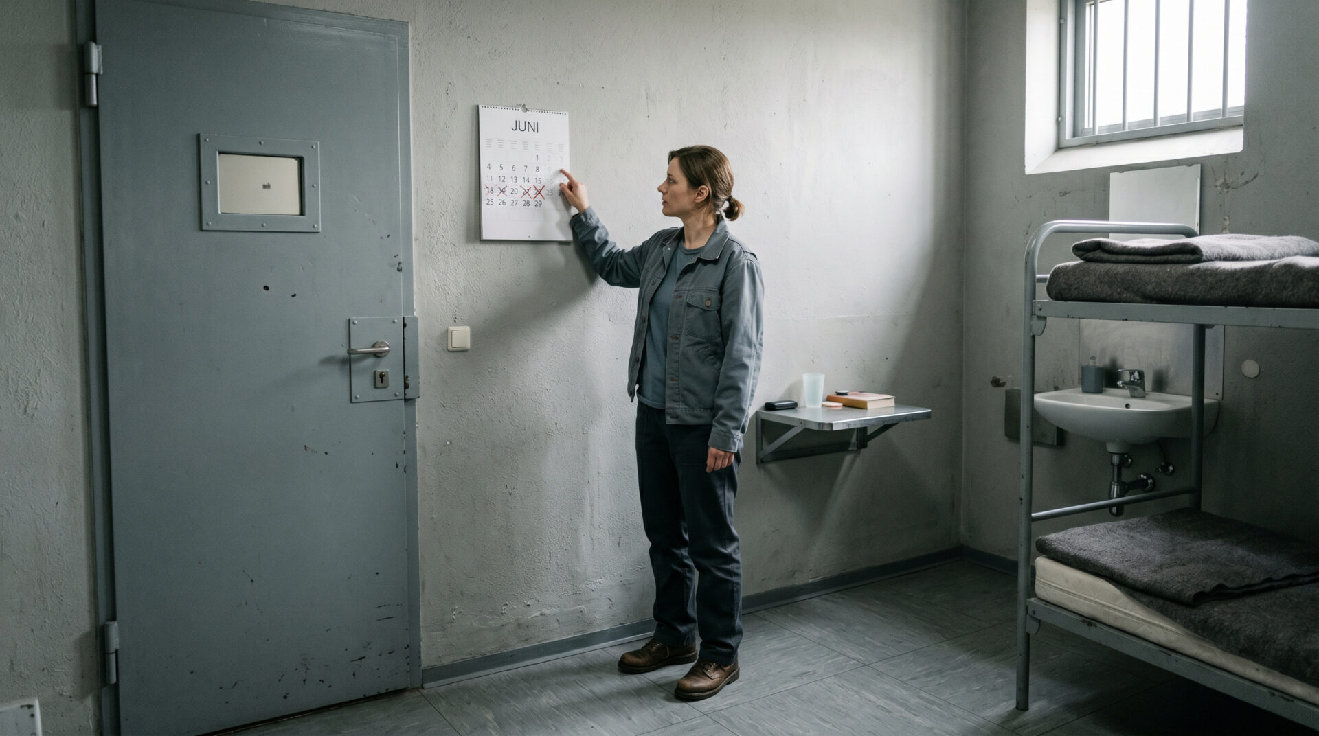 Frau in Gefängniszelle vor Wandkalender mit markierter Haftzeit; schwere Stahltür und vergittertes Fenster im Hintergrund.