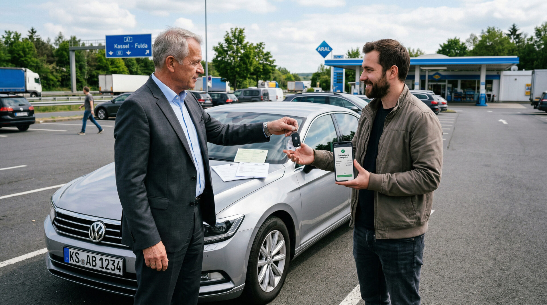 Zwei Männer bei Autoübergabe an Tankstelle