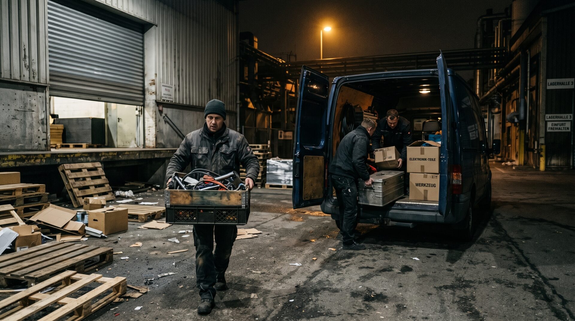 Personen verladen nachts eilig Kisten aus einem Lager in einen Transporter auf einem dunklen Industriehof.