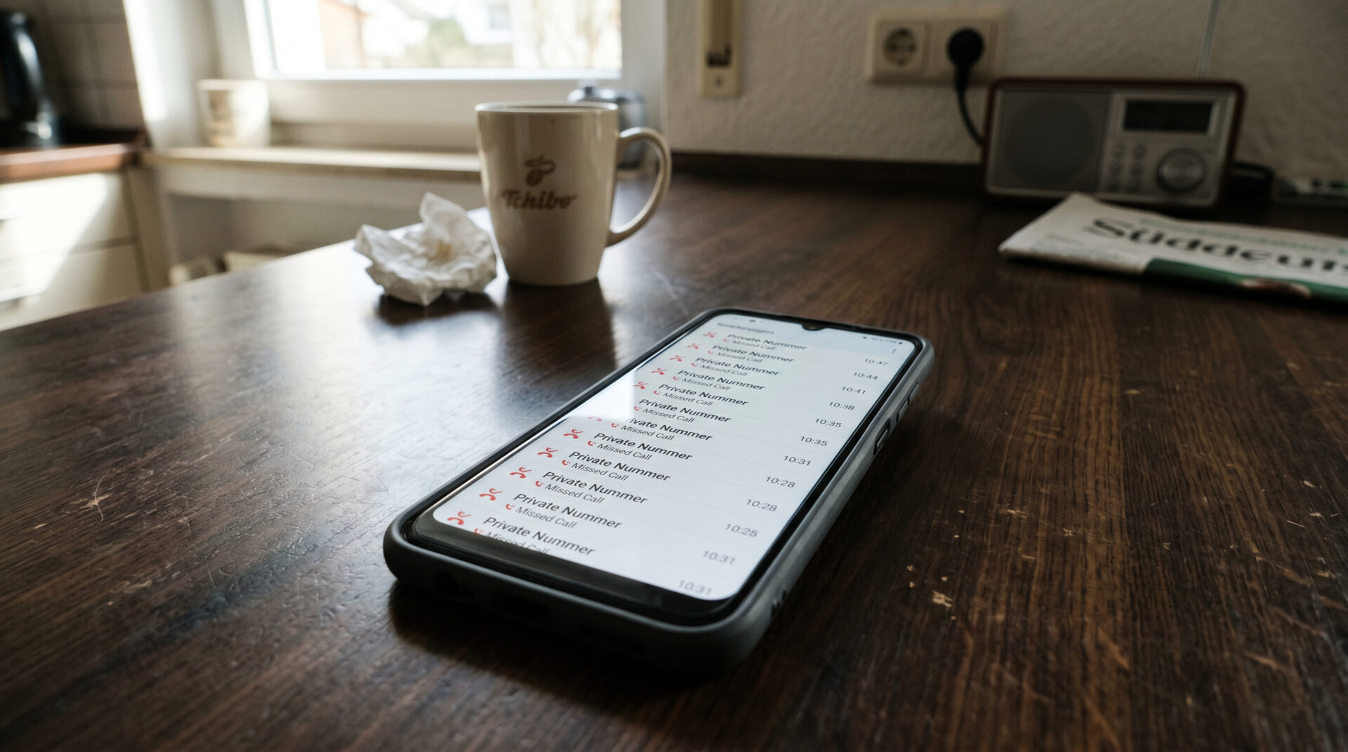 Smartphone auf Holztisch zeigt lange Liste verpasster Anrufe mit knappen Zeitabständen in einer Privatwohnung.