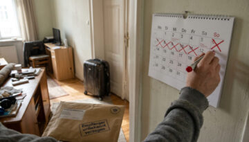 Hand streicht Datum auf Wandkalender durch, daneben ein amtlicher Brief mit Stempel „unbekannt verzogen“.
