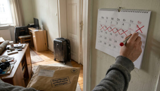 Hand streicht Datum auf Wandkalender durch, daneben ein amtlicher Brief mit Stempel „unbekannt verzogen“.