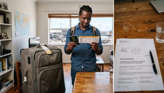 Mann mit Reisepass und Flugticket neben Koffer; auf dem Tisch liegt ein offizielles Justiz-Schreiben mit Siegel.