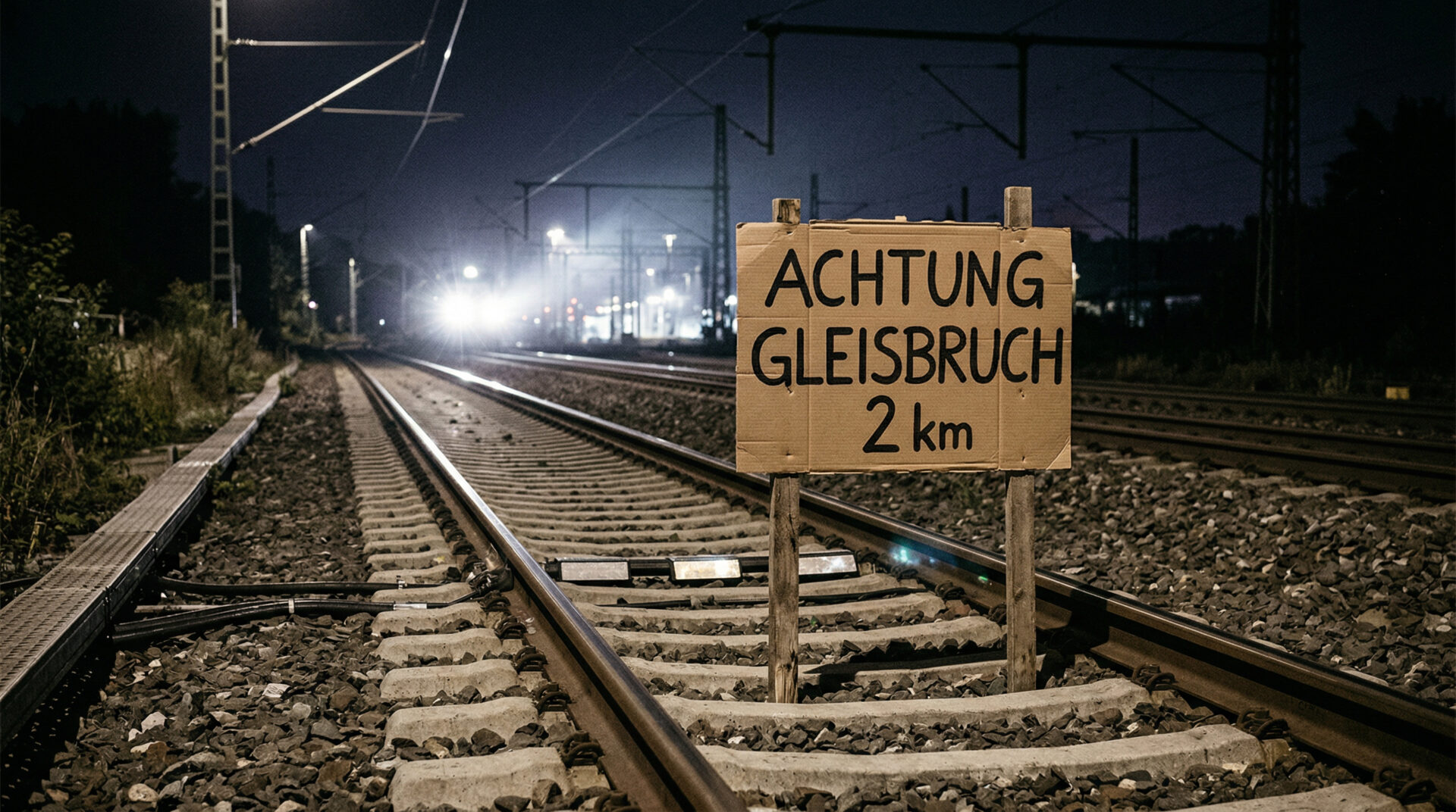 Ein großes Pappschild mit Warnaufschrift im nächtlichen Gleisbett vor den hellen Scheinwerfern eines ICE-Zuges.