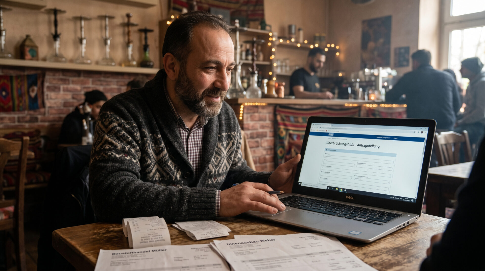 Gastronom in einer Shisha-Bar am Laptop mit Antragsformular für Überbrückungshilfe und einem Stapel Handwerkerrechnungen.