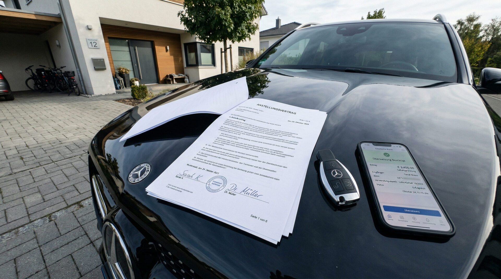 Arbeitsvertrag und Autoschlüssel liegen auf der Motorhaube eines schwarzen SUVs in einer hellen Hofeinfahrt.