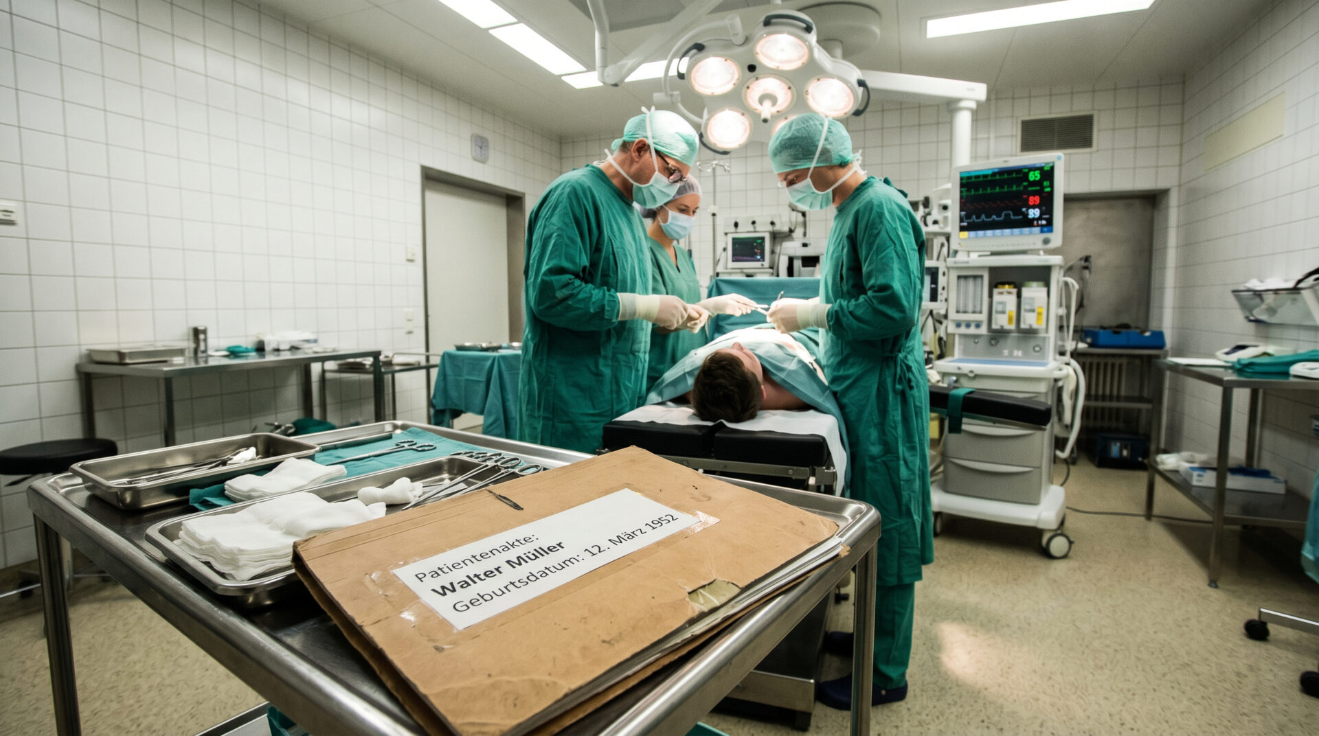 Chirurg am OP-Tisch bei jungem Patienten; im Vordergrund eine Patientenakte mit falschem Namen und Geburtsdatum.