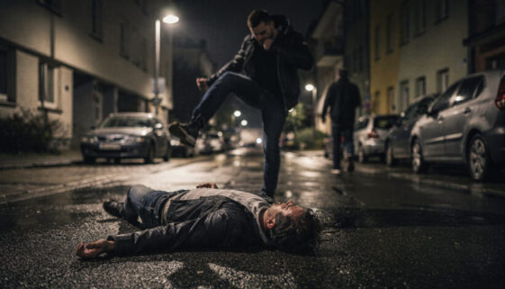 Ein Mann liegt nachts auf einer Straße, während ein Angreifer zum Tritt ausholt und zwei Begleiter weggehen.