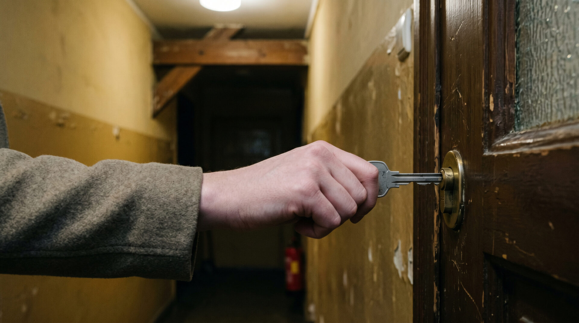 Hand führt Schlüssel in Wohnungstür ein, schummriger Flur eines Mehrfamilienhauses, im Hintergrund ein Holzbalken.