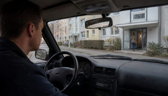 Mann beobachtet aus einem Auto heraus ein Wohnhaus; auf dem Beifahrersitz liegt ein Stapel handgeschriebener Briefe.