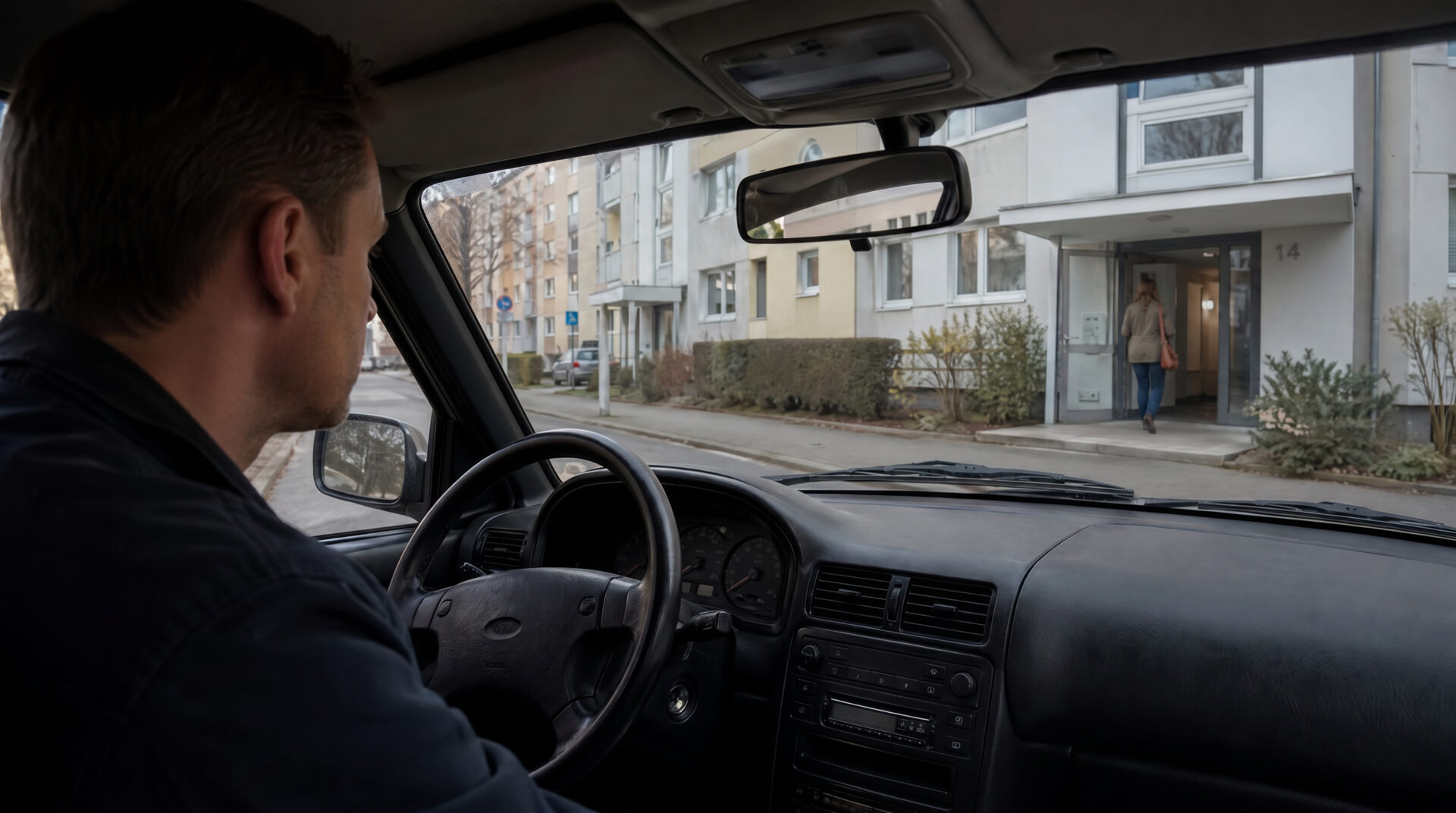 Mann beobachtet aus einem Auto heraus ein Wohnhaus; auf dem Beifahrersitz liegt ein Stapel handgeschriebener Briefe.