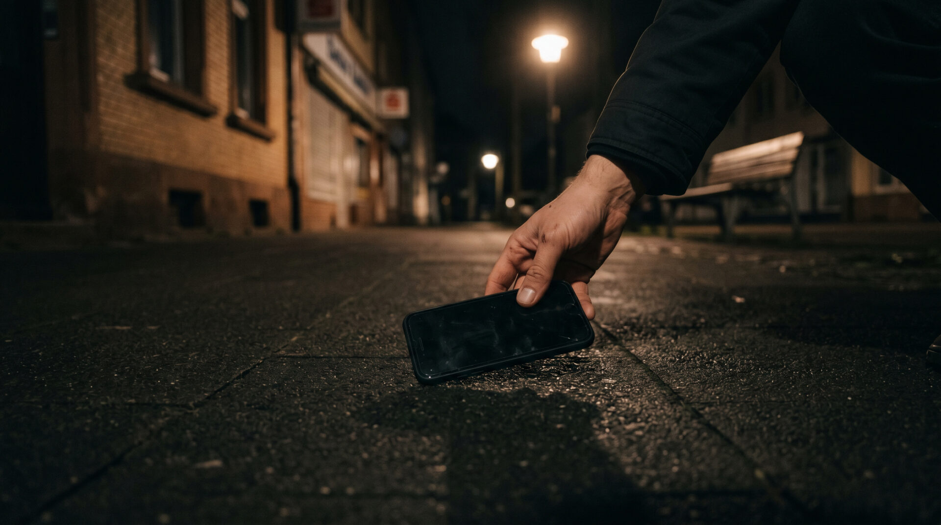 Eine Hand greift nachts auf einem leeren Gehweg nach einem verloren auf dem Boden liegenden Smartphone.