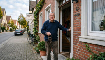Senior mit schwerem Schlüsselbund vor seinem Einfamilienhaus in einer Wohnstraße, im Hintergrund ein Imbiss-Schild.