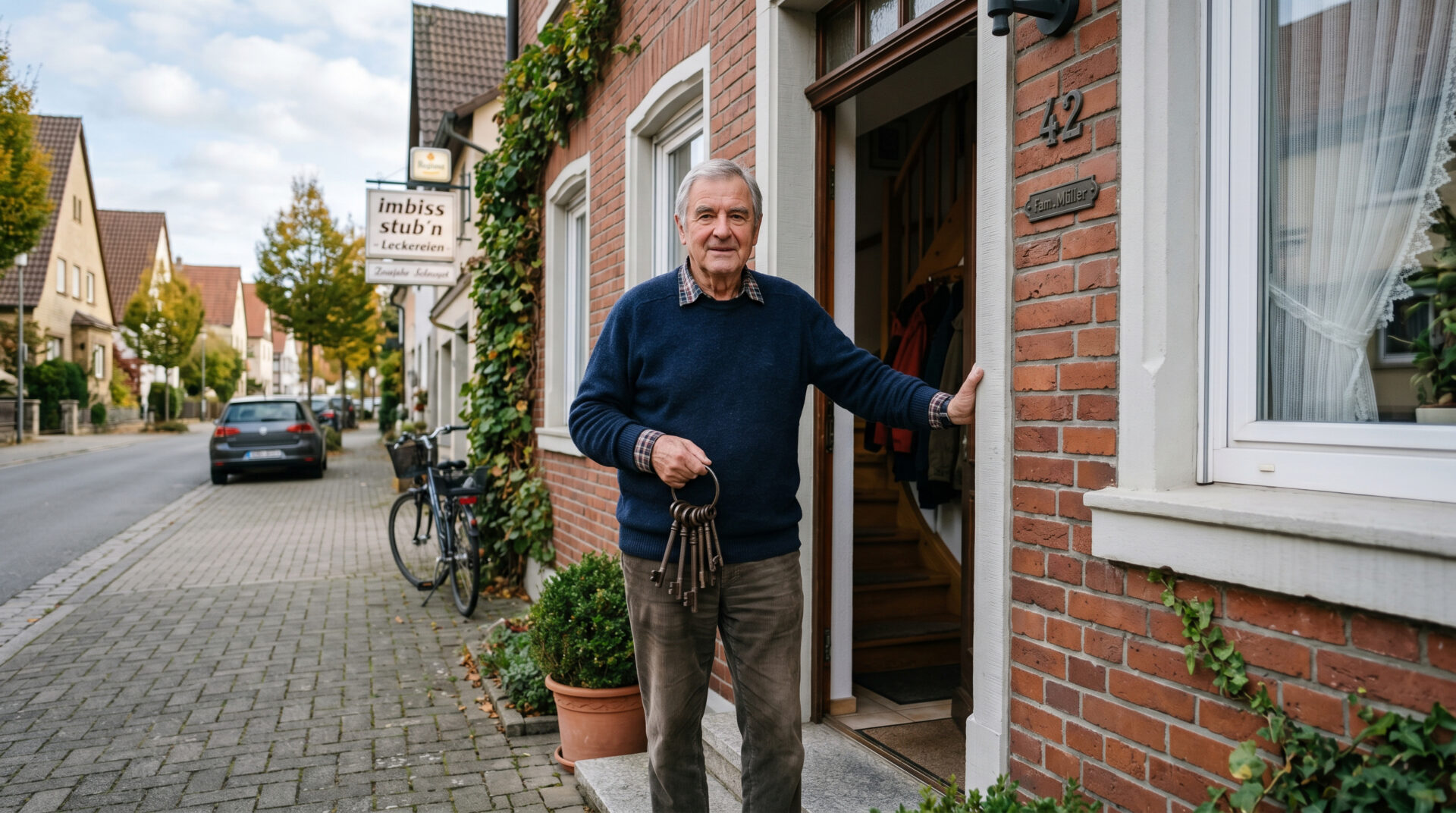 Senior mit schwerem Schlüsselbund vor seinem Einfamilienhaus in einer Wohnstraße, im Hintergrund ein Imbiss-Schild.