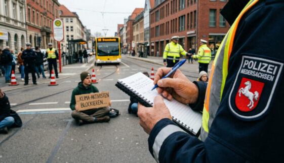 Polizistenhand schreibt in Notizbuch vor einem auf der Straße sitzenden Demonstranten bei einer Blockade.